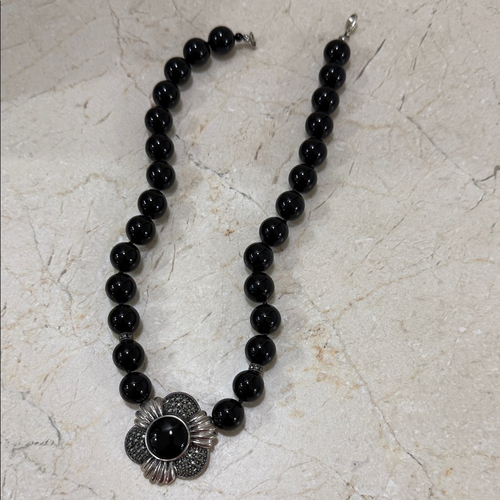 Black stone Beaded sterling silver marcasite Flower Pendant Necklace